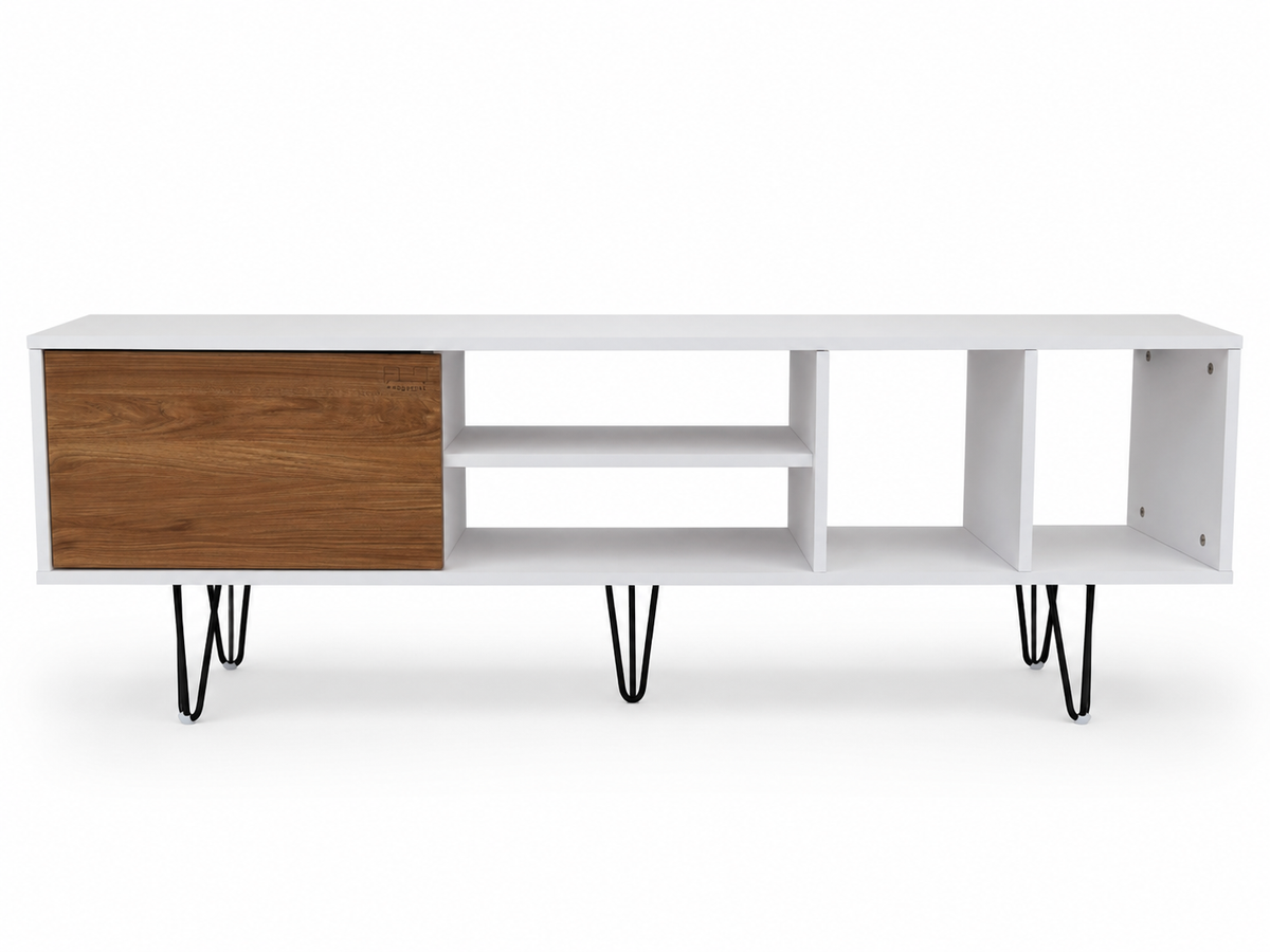 White TV unit with a wood-tone cabinet front, open shelves and black hairpin legs.