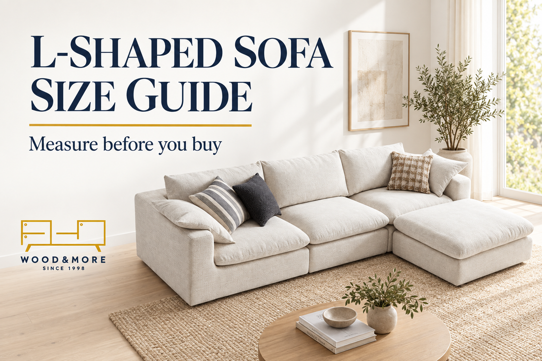Cloudscape cream L-shaped sofa in a bright living room, with Wood & More logo and sofa size guide headline.