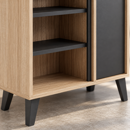 Anove Coffee Corner beige — close-up of dark shelves and tapered legs.