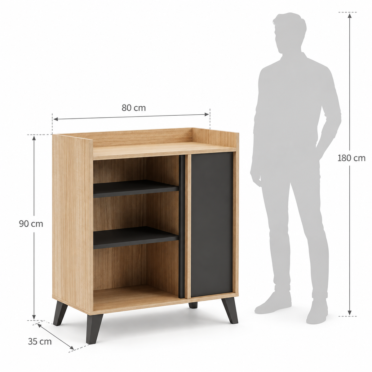 Anove Coffee Corner beige — dimension diagram with a human silhouette.