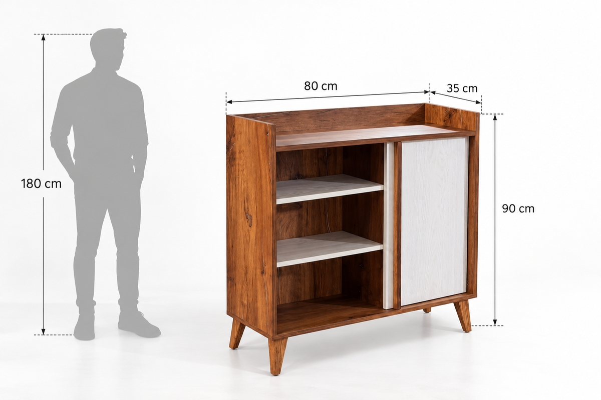 Anove Coffee Corner woody — dimension diagram with a human silhouette.