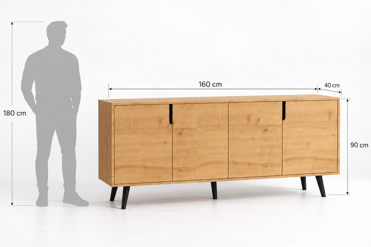 Arden Wood Buffet — dimension diagram with a human silhouette.