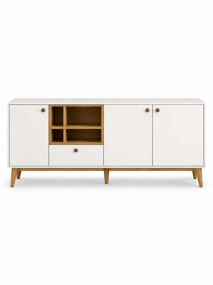 Belle Buffet — front view with white doors and central open compartments.
