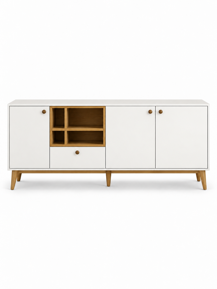 Belle Buffet — front view with white doors and central open compartments.
