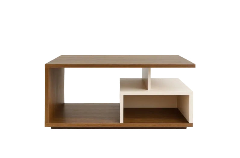 Modern coffee table with wooden top and white shelf on a white background