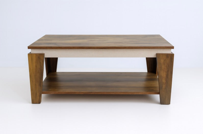 Wooden coffee table with a two-tone finish on a white background