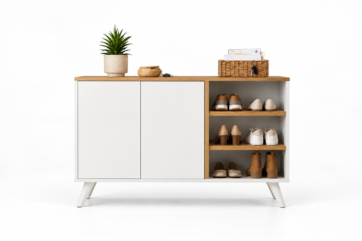 Decor Shoe Rack — white cabinet with open shelves holding shoes.