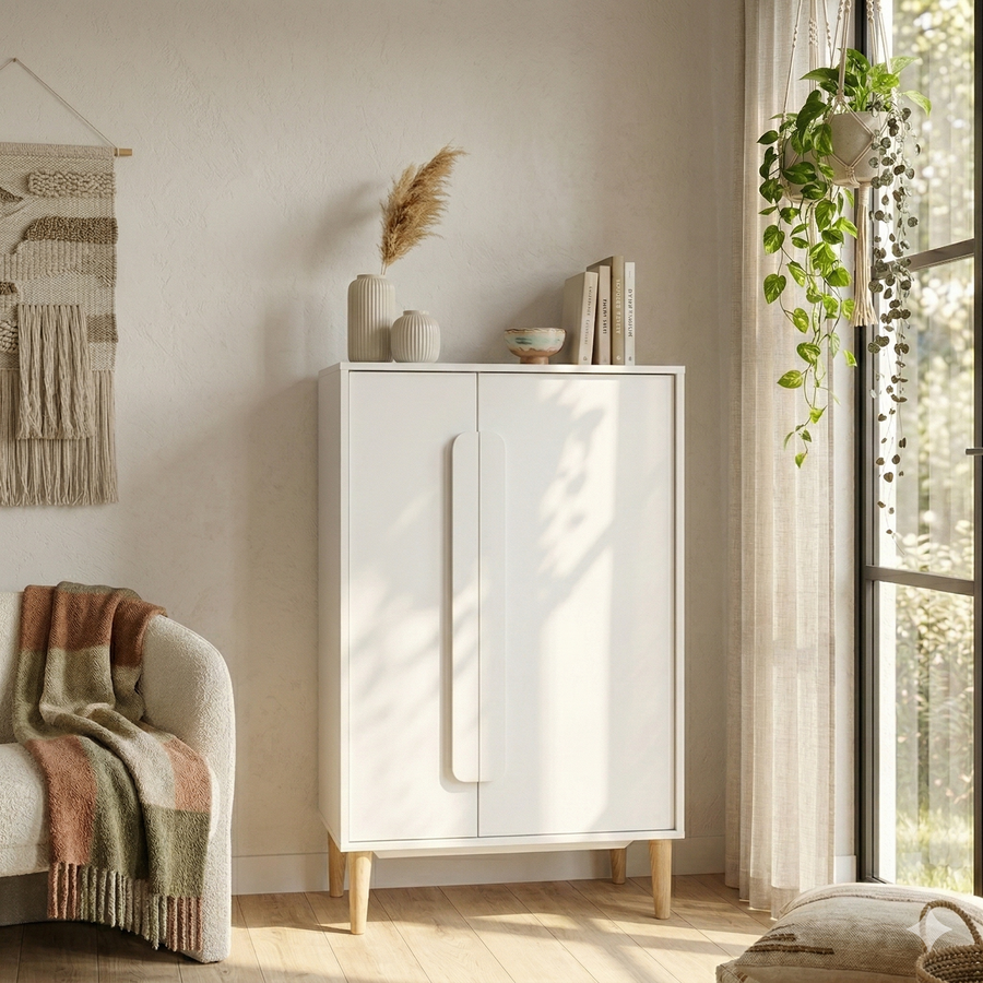 Modern white wooden storage cabinet with minimalist design in a bright living room