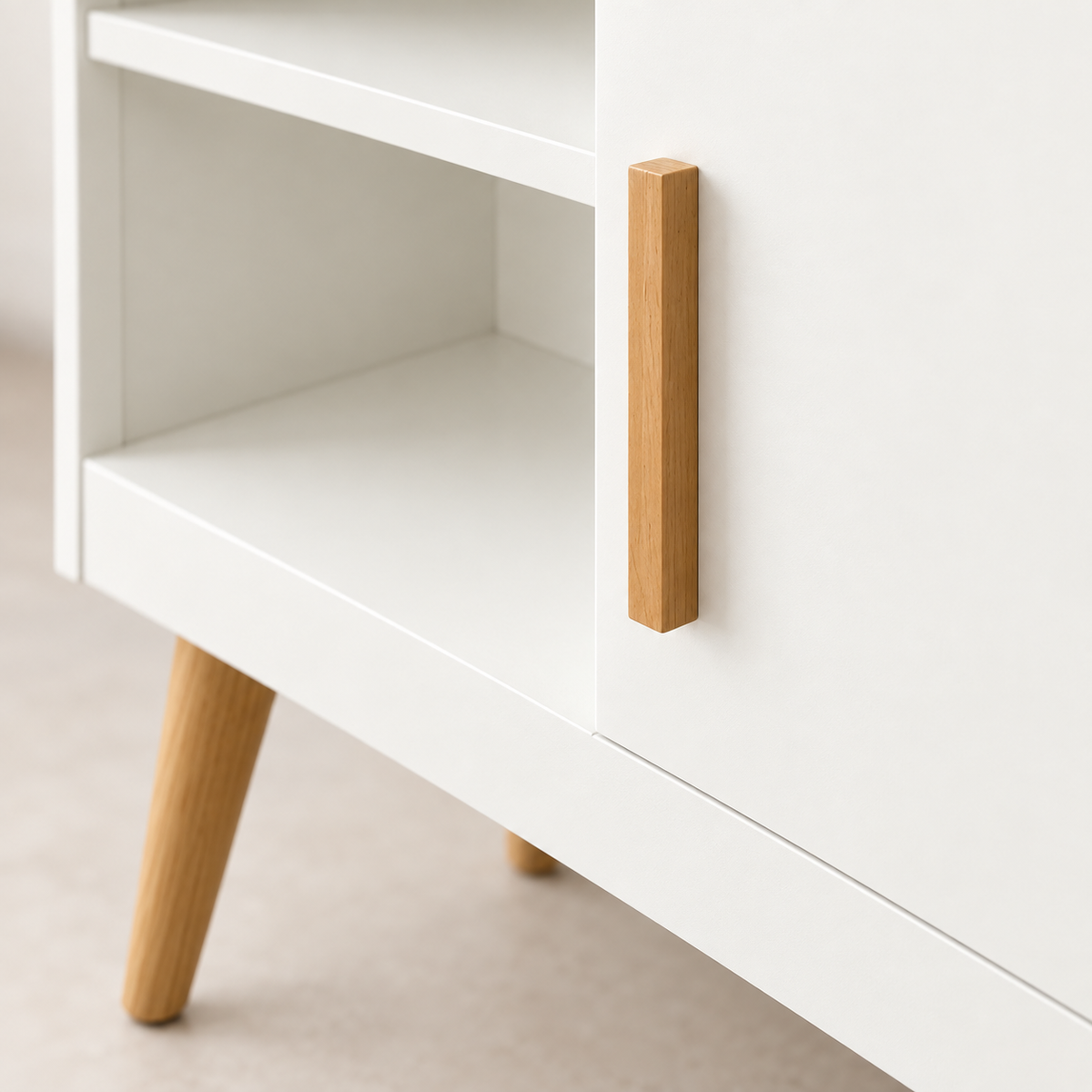 Close-up of the Naiy Coffee Corner's vertical wood-tone handle, white door and open shelf.