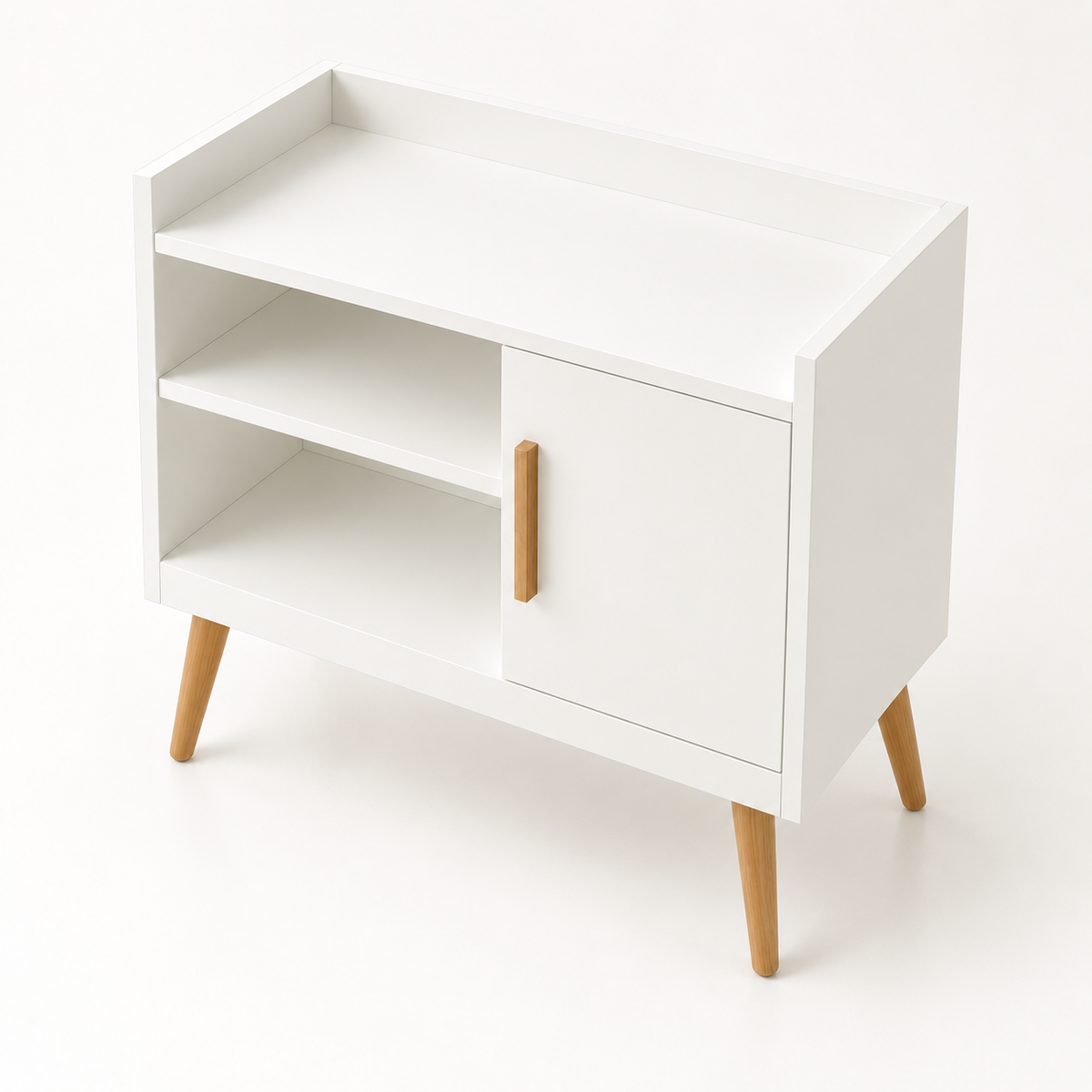 Angled view of the white Naiy Coffee Corner showing its top, open shelves and cabinet door.