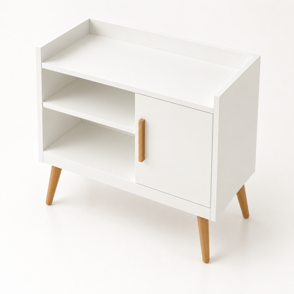 Angled view of the white Naiy Coffee Corner showing its top, open shelves and cabinet door.
