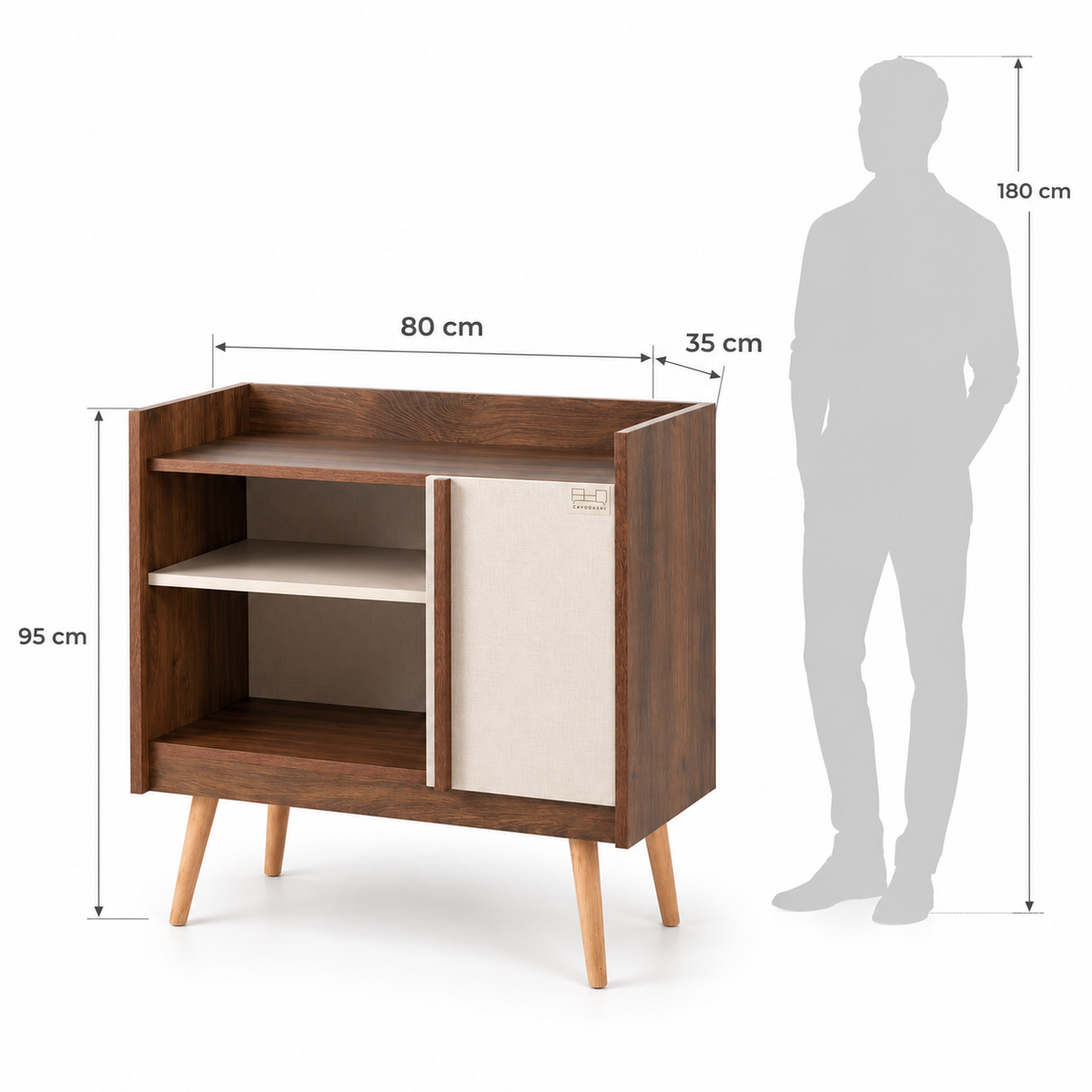 Naiy Coffee Corner Woody — dimension diagram with a human silhouette.