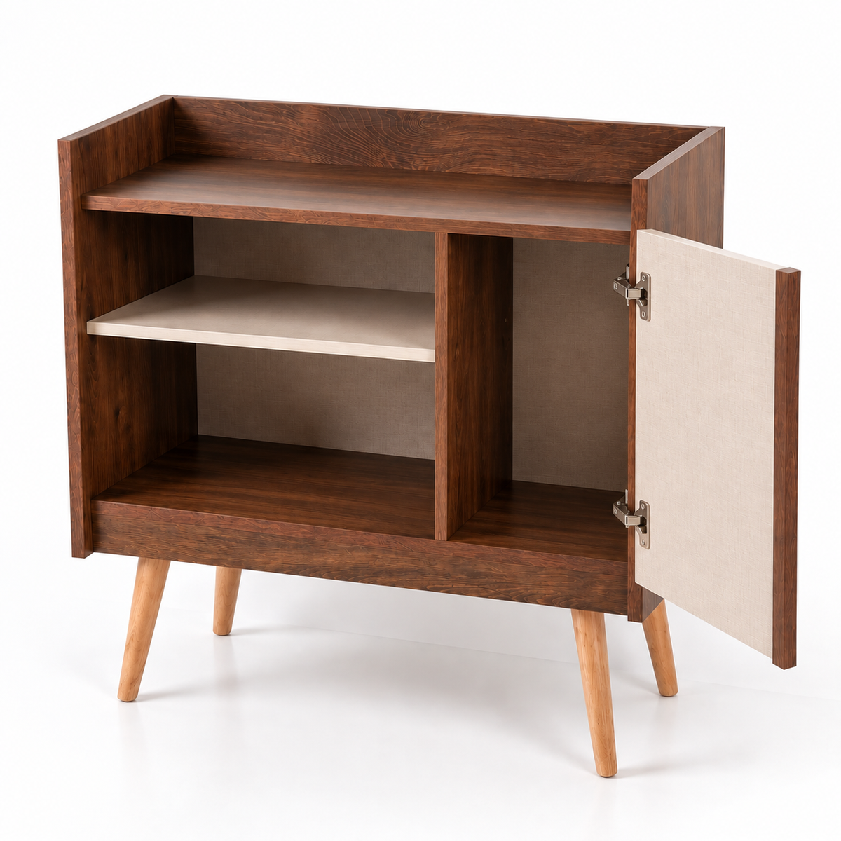 Naiy Coffee Corner Woody — cabinet door open showing interior storage.