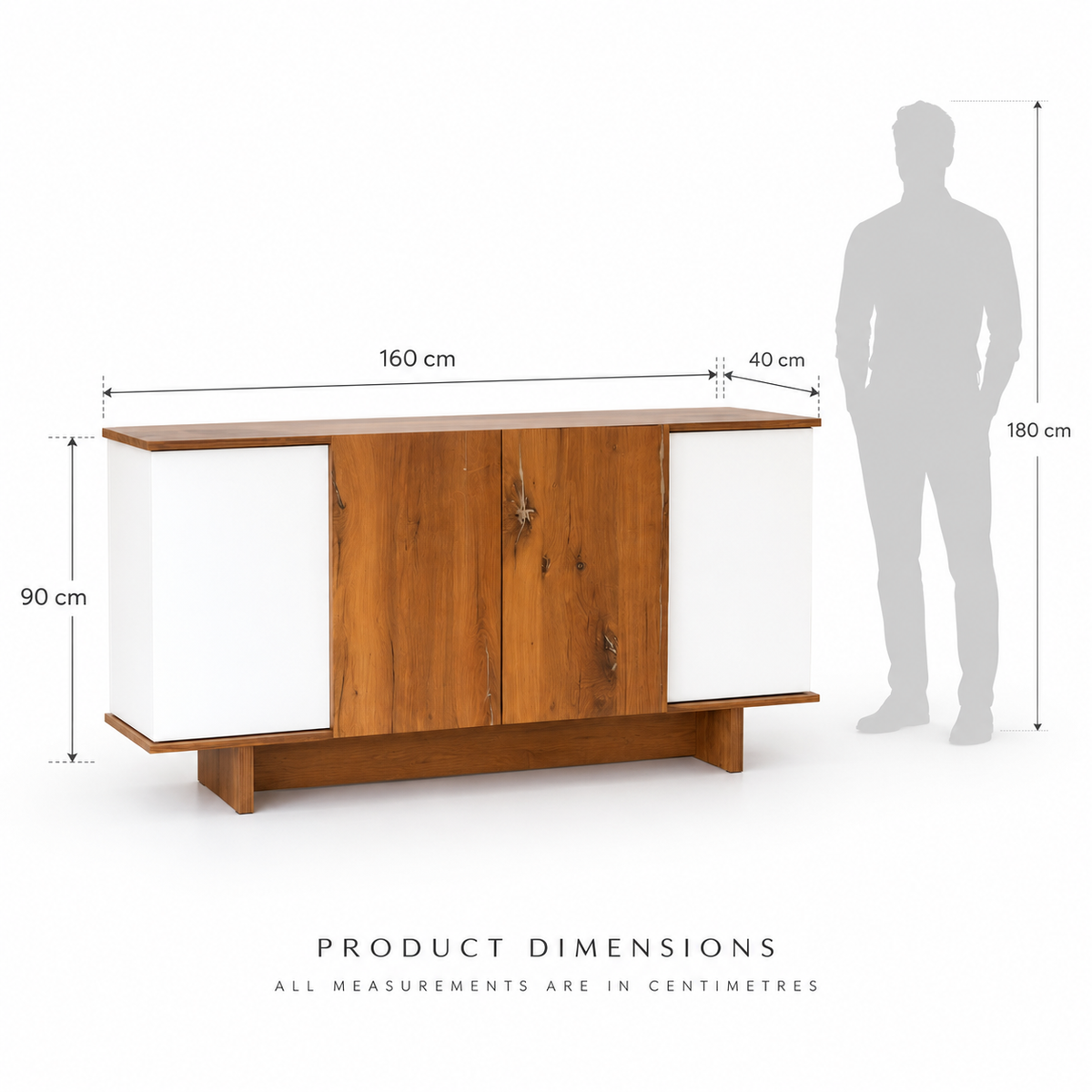 Navo Buffet — dimension diagram with a human silhouette.