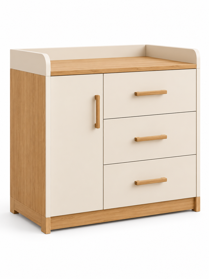 A modern three-drawer storage cabinet with a light oak wood grain finish and cream-colored front panels and top surface, featuring slim matching wood handles.