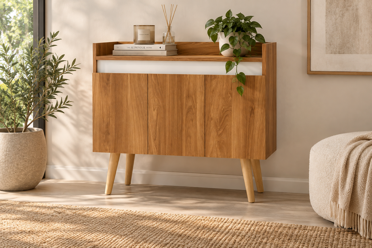 Oslo wood-tone coffee cabinet styled in a living room
