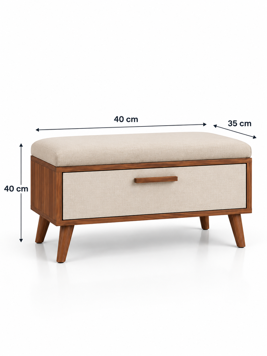 Qlue separate upholstered seat dimension diagram: 40 cm wide, 35 cm deep and 40 cm high.