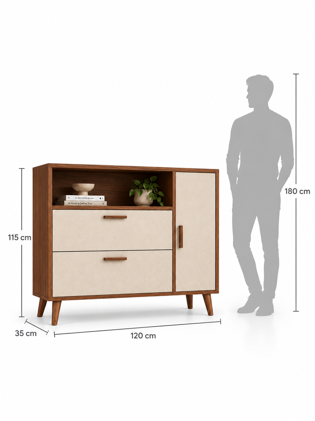 Qlue shoe cabinet dimension diagram: 120 cm wide, 35 cm deep and 115 cm high, beside a 180 cm human silhouette.