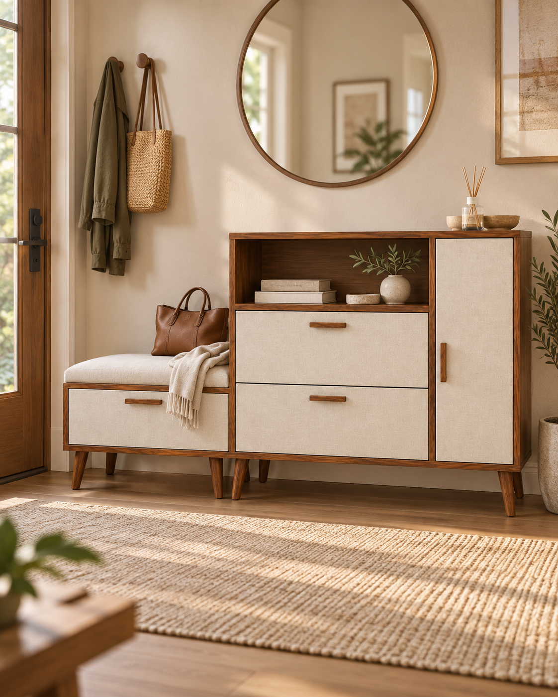 Qlue Shoe Rack — cabinet shown beside a separate upholstered bench.