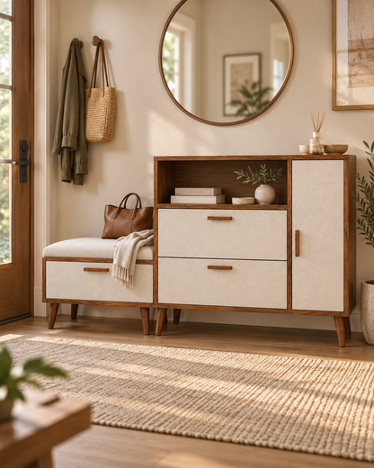 Qlue Shoe Rack — cabinet shown beside a separate upholstered bench.