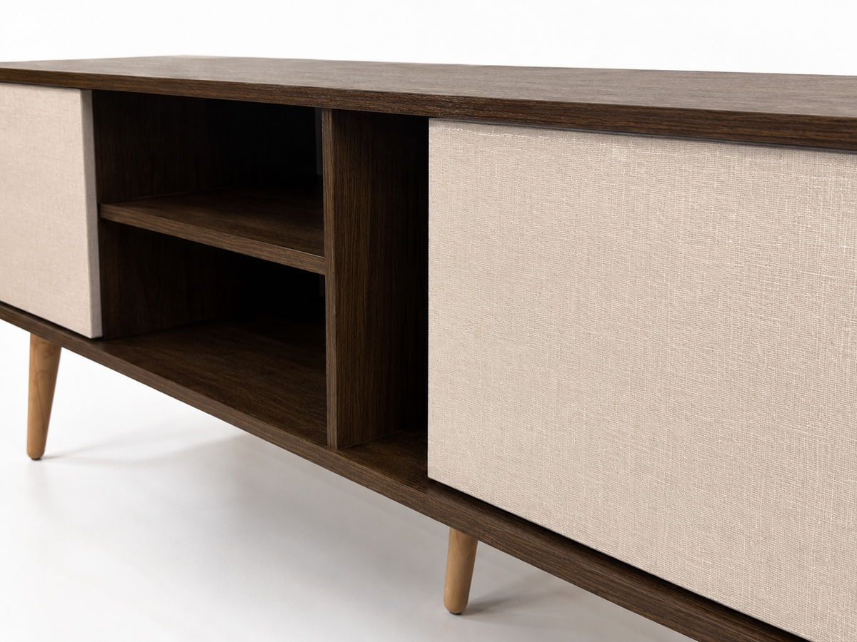 Close-up of wood TV unit and central shelving