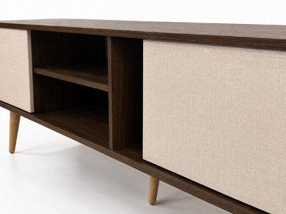 Close-up of wood TV unit and central shelving