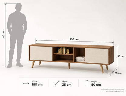 TV unit dimension diagram: 180 x 35 x 50 cm