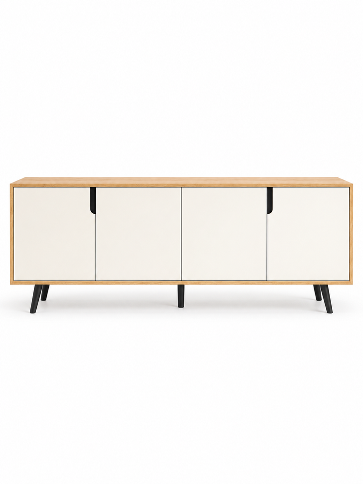Reo Buffet — front view with white fronts and wood-tone frame.