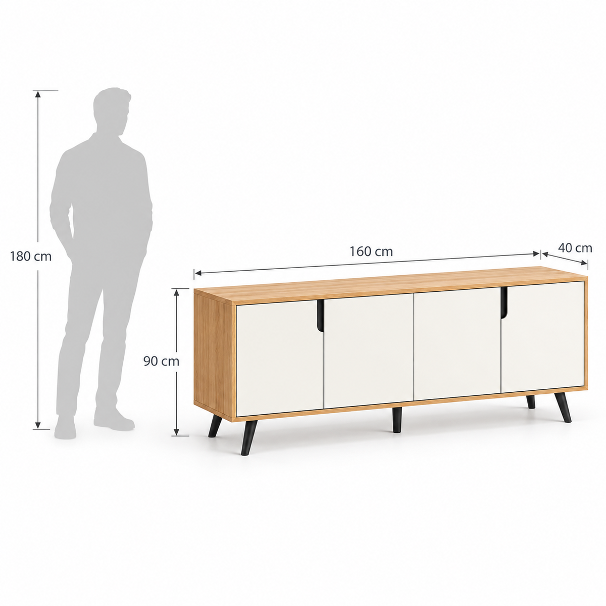 Reo Buffet — dimension diagram with a human silhouette.