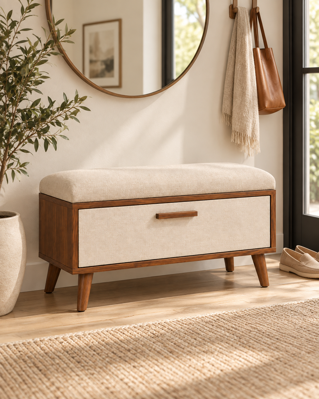 Qlue Shoe Rack — separate upholstered bench shown as a styling reference.