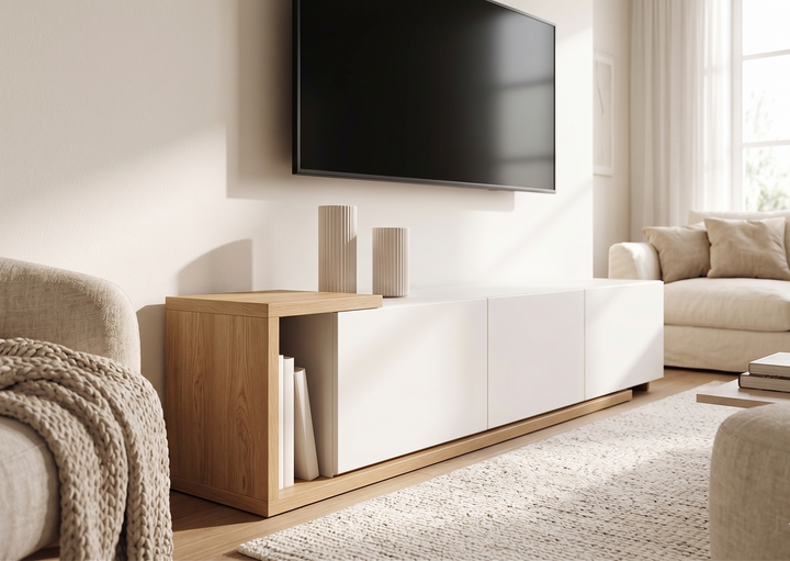 Tono TV unit with white fronts and a wood-tone open side compartment in a neutral living room.