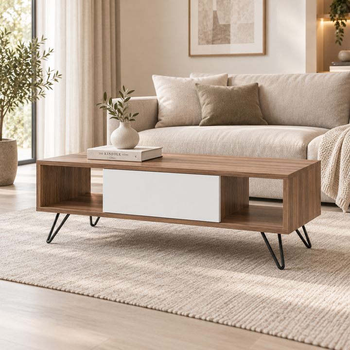 Wood and white coffee table in a living room