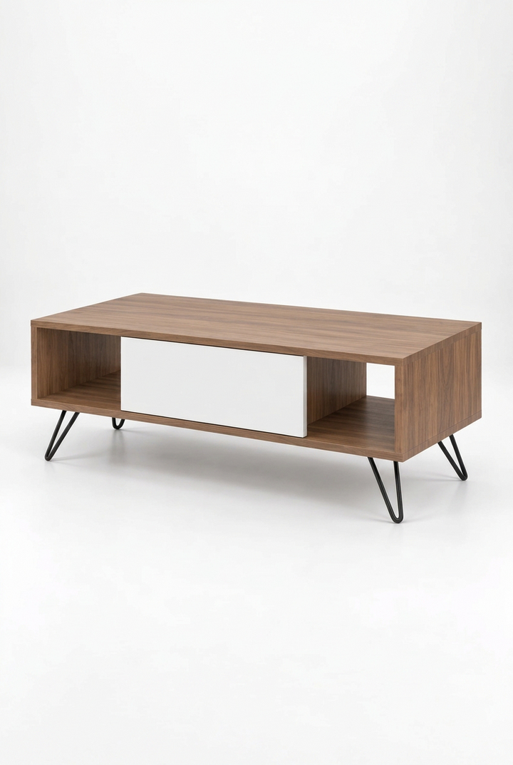 Angled view of coffee table with hairpin legs