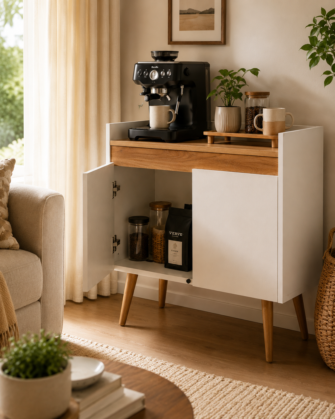 A modern white and light wood coffee Corner cabinet with mid-century tapered legs, shown in a cozy living room setting with its door open to reveal storage jars and a coffee machine on top.