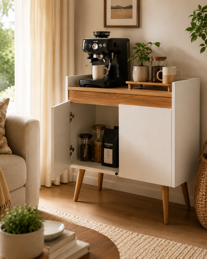 Vista Coffee Corner with its left door open, showing storage jars beneath the wood-tone top.
