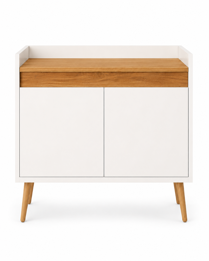 A modern Coffee Corner cabinet with a white finish, a natural oak wood top, and tapered wooden legs, shown against a plain white background.