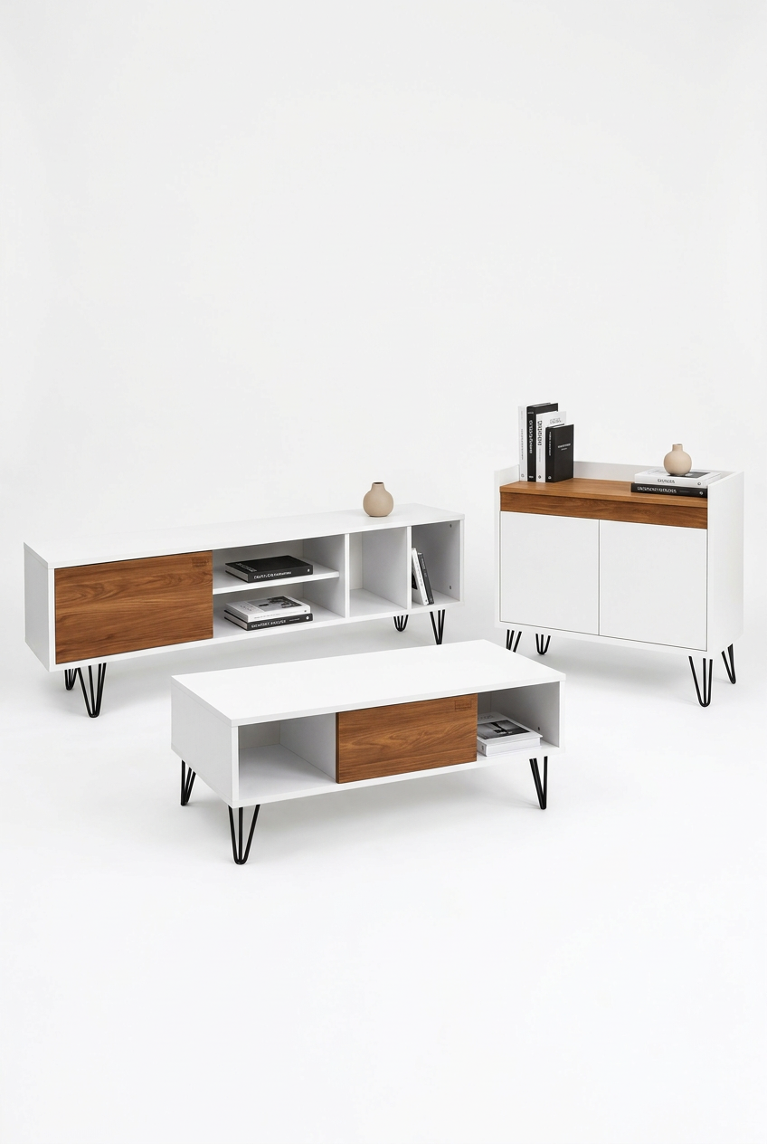 Vista furniture set showing a TV unit, center table and coffee corner on a white background.