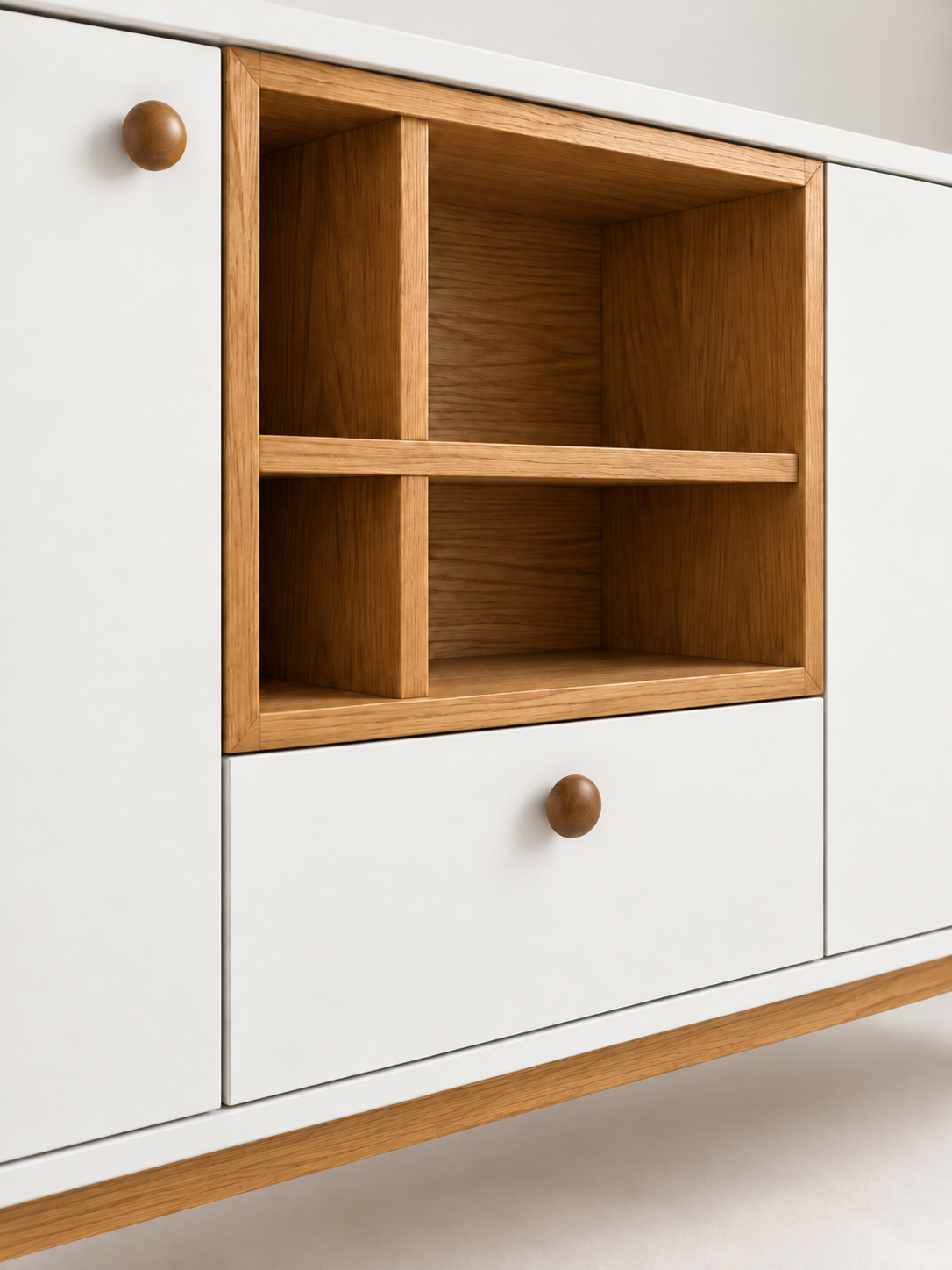 Belle Buffet — close-up of the central shelves and drawer.