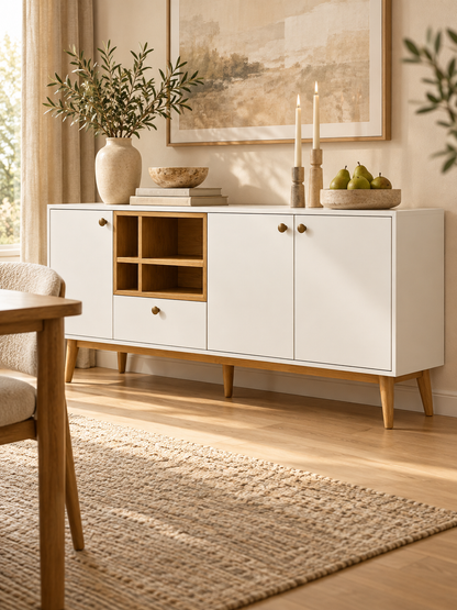 Belle Buffet — styled beside a dining table.