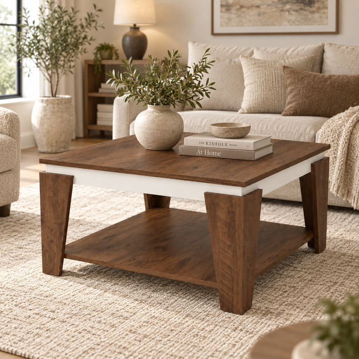 Core square coffee table styled beside a sofa
