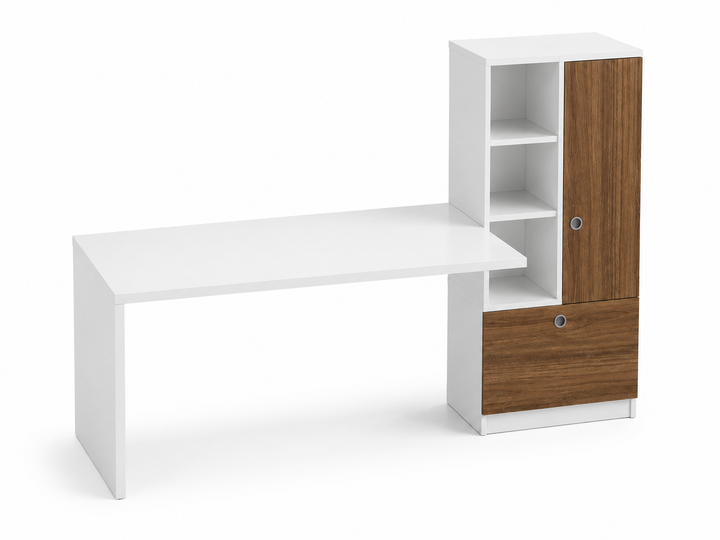 A modern white office desk with a matching storage cabinet featuring open shelves, a wood-grain door, and a wood-grain drawer front, shown on a white background.