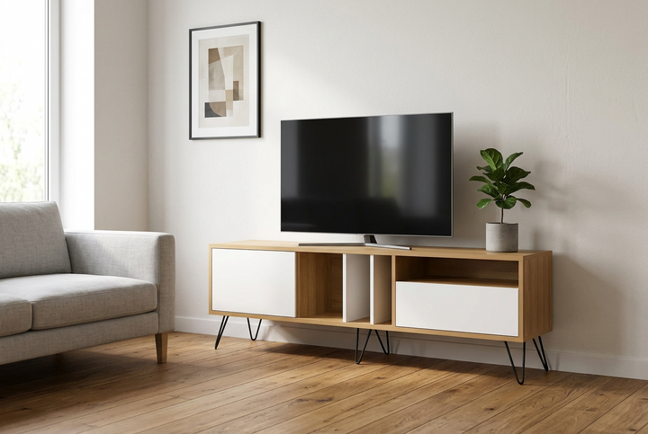 Angled close-up of wood and white TV unit